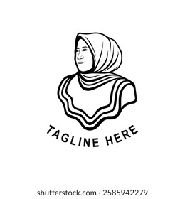 logo of a woman in a hijab posing with her head turned to the side black and white line art