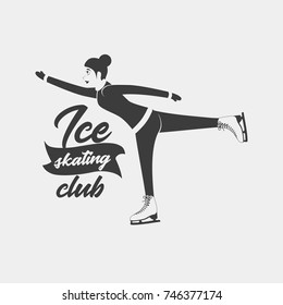 Logo with a woman moving on ice skates. Monochrome badge template with female character. This symbol for ice skating club can be used for social network and web advertising or brand promotion.