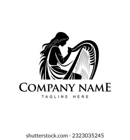 Logo of a woman playing the harph, silhouette, black and white, vintage design template vector illustration