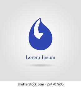 Logo woman silhouette, head, face logo isolated in aqua drop. 