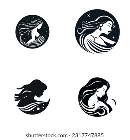 Logo woman silhouette, head, logo use for beauty salon, cosmetics design. Beautiful brunette woman with long hair black and white vector design.