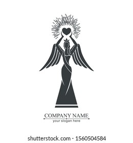 Logo of a woman with wings holding a heart in the hands with rays. Kindness and mercy. Figurine for presentation, template of a beauty contest.