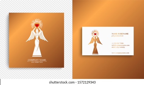 Logo of a woman with wings holding a heart in the hands with rays. Kindness and mercy. Figurine for presentation, template of a beauty contest.