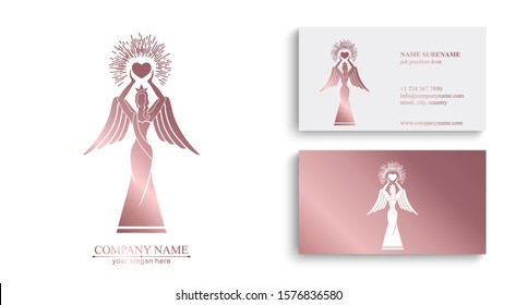 Logo of a woman with wings holding a heart in the hands with rays. Kindness and mercy. Figurine for presentation, template of a beauty contest.