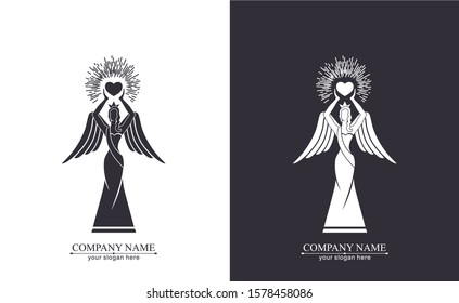 Logo of a woman with wings holding a heart in the hands with rays. Kindness and mercy. Figurine for presentation, template of a beauty contest.
