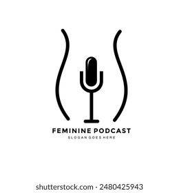 logo of woman's body with microphone.vector illustration of woman's body outline with podcast mic.business sign for women's podcast,women's sensitive matters chat show