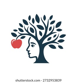Logotipo de um rosto feminino com uma árvore e um símbolo de maçã vermelha