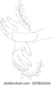 Logo of woman's hands in a minimal linear style. Vector emblems with hand gestures holding flowers leaves. For packaging cosmetics, beauty Studio, tattoo, Spa, manicure, jewelry.