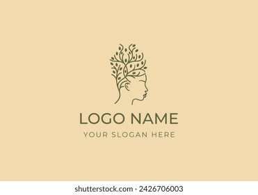 Logo Women Hair with Botanical Tree Concept. Yoga, Nature, Female Logo Design. Editable color