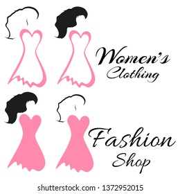 Logo for women's clothing store and fashion shop. The silhouette of a elegant pink dress, beautiful hair and lettering.