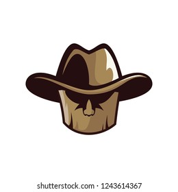 logo of a wooden mask with a hat