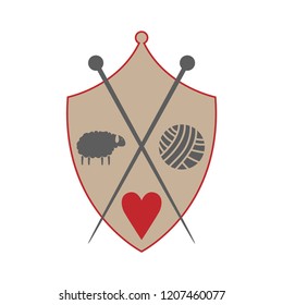 Logo of woolen producns, knitting. Sheild with silhouettes of sheep, heart, ball of yarn and knitting needles