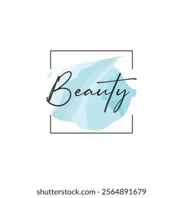 A logo with the word 'Beauty' in elegant cursive font over a light blue watercolor splash, framed by a thin black square outline