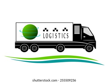 logo. Word logistics, globe and truck