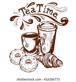 logo with the word tea time, cup and saucer, cup takeaway , croissant and two donuts in glaze