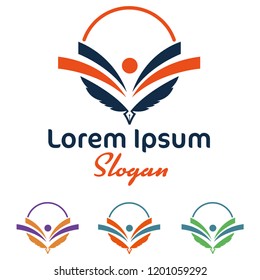 logo work in open book view designed with inspiration from bird feather