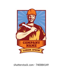 Logo worker with a hammer against the background of a shield