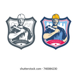 Logo worker with a hammer against the background of a shield, silhouette of the city