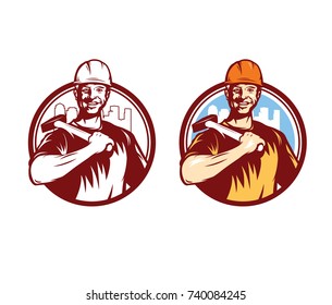Logo worker with a hammer against the background of a shield, silhouette of the city