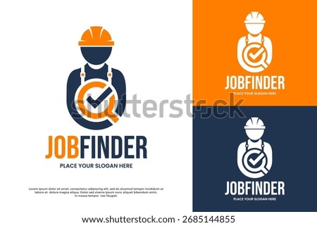 A logo of a worker icon seen through a magnifying glass with a check mark. It represents successful job searching and recruitment. Ideal for job portals, HR, and hiring apps.