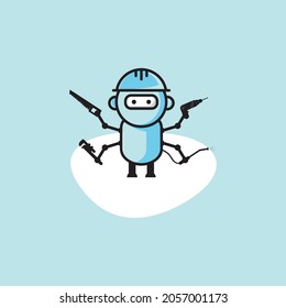 Logo of a worker robot with a variety of carpentry and construction tools