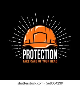 Logo with a working helmet, sunburst and the word protection on a black background. Vector illustration.