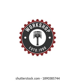 logotipo del taller con ilustración de engranajes y pistones