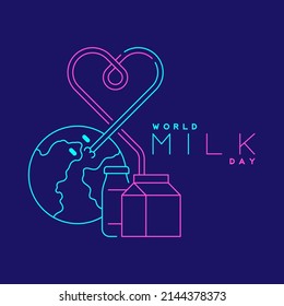 Logo World globe with heart shape straw milk box editable stroke blue and pink color, World Milk Day 2022 concept, cartoon minimal flat design illustration on blue background with copy space, vector