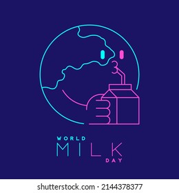 Logotipo Mundo globo con caja de leche color azul y rosa editable, Día Mundial de la Leche 2022 concepto, dibujos animados ilustración de diseño plana mínima aislada en fondo azul con espacio de copia, vector