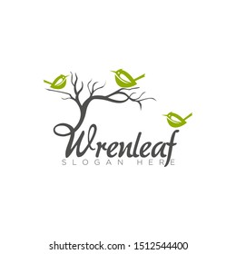 logo wrenleaf, unique wren and leaf for enviromental vektor 