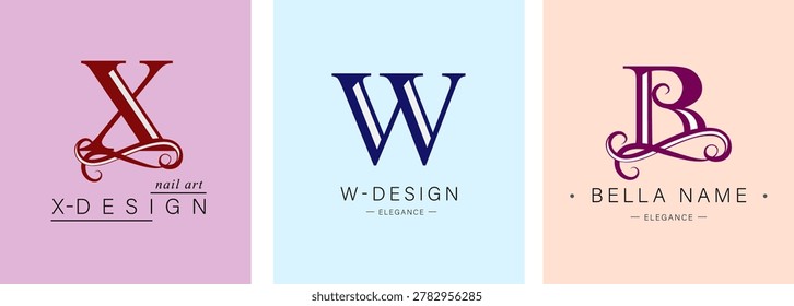 Logo X, capital letter W, B. Monogram of Botanical Minimalistic, Initial. with Organic Plant Elements. Vector design. 