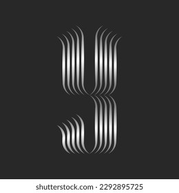 Logo Y letter artistic monogram, typographic mark metallic design, silver gradient parallel thin lines, smooth thin stripes, stylish calligraphic initial.