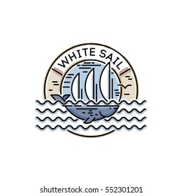 Logo For The Yacht Club. Image Of A Whale And White Sails, Waves And A Life Buoy.