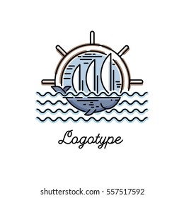 Logo for the yacht club with a picture of a blue whale against white sails and helm.