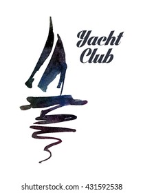 Logo For The Yacht Club With A Picture Of A Sailing Ship In A Watercolor Style.