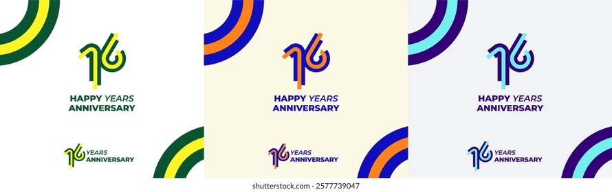 Logo Years Modern Line Colorful 16th, 16th Happy Anniversary with Colorful Line Stack, Minimalist and Modern.