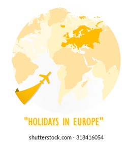 The logo of Yellow shade world map and full European boundary with go to Europe plane icon direction.(EPS10 Art vector)