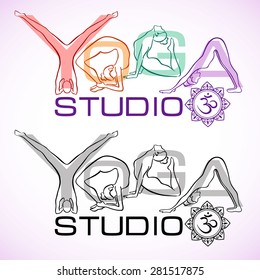 Logo of yoga studio in black and colorful variations. Text yoga made of womens silhouettes. Creative yoga design concept. 