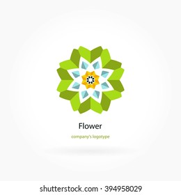 Logo for the yoga studio, fitness. Bright buds, leaves for boutique, flower shop, business, interior. Company mark, emblem, element. Simple mandala logotype. Kaleidoscope big bud. Surround blossom.