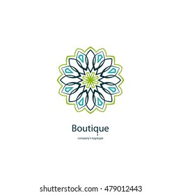 Logo for the yoga studio, fitness. Logotype design template. Bright buds, leaves for boutique, flower shop, business. Company mark, emblem, element. Kaleidoscope big bud. Surround abstract blossom