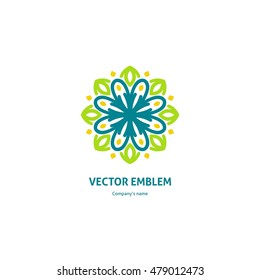 Logo for the yoga studio, fitness. Logotype design template. Bright buds, leaves for boutique, flower shop, business. Company mark, emblem, element. Kaleidoscope big bud. Surround abstract blossom