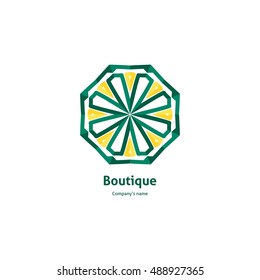 Logo for the yoga studio, fitness. Logotype design template. Bright buds, leaves for boutique, flower shop, business. Company mark, emblem, element. Kaleidoscope big bud. Surround abstract blossom