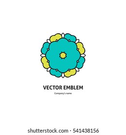Logo for the yoga studio, fitness. Logotype design template. Bright buds, leaves for boutique, flower shop, business. Company mark, emblem, element. Kaleidoscope big bud. Surround abstract blossom