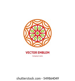 Logo for the yoga studio, fitness. Logotype design template. Bright buds, leaves for boutique, flower shop, business. Company mark, emblem, element. Kaleidoscope big bud. Surround abstract blossom