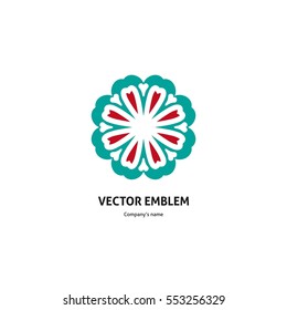 Logo for the yoga studio, fitness. Logotype design template. Bright buds, leaves for boutique, flower shop, business. Company mark, emblem, element. Kaleidoscope big bud. Surround abstract blossom