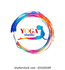 Logo for yoga studio or meditation class. Healthcare, sport, fitness, spa logo design elements. Woman silhouette make asana. Meditation concept.Vector illustration for t-shirt print 