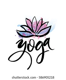 Logo for yoga studio or meditation class. Spa logo design watercolor elements. Meditation concept. Silhouette lotos. Vector illustration for t-shirt print.