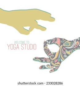 Logo for yoga studio. Two hands making yoga gestures - mudras (seals) - Surya Mudra and Gyan Mudra.