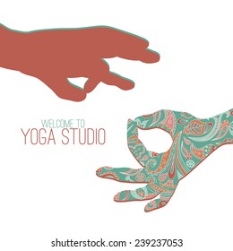 Logo for yoga studio. Two hands making yoga gestures - mudras (seals) - Surya Mudra and Gyan Mudra.