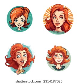 Logo with a young, redhead female. Set of female portraitsicons . Vector Illustration,